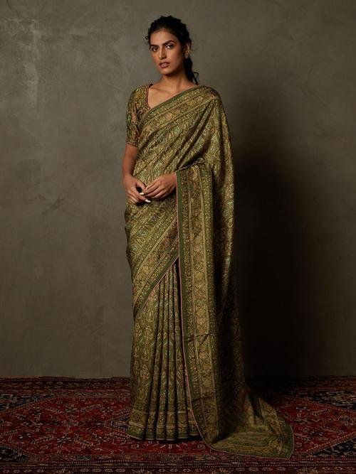 Olive & Beige Shereen Saree With Unstitched Blouse